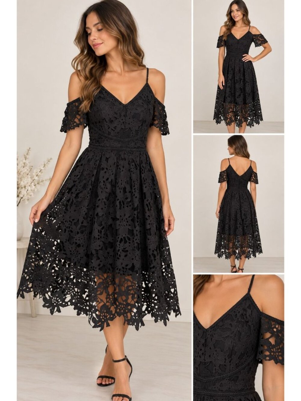 VENUS Black Laser Cut Floral Cold Shoulder Fit & Flare Dress Size 6 NWT